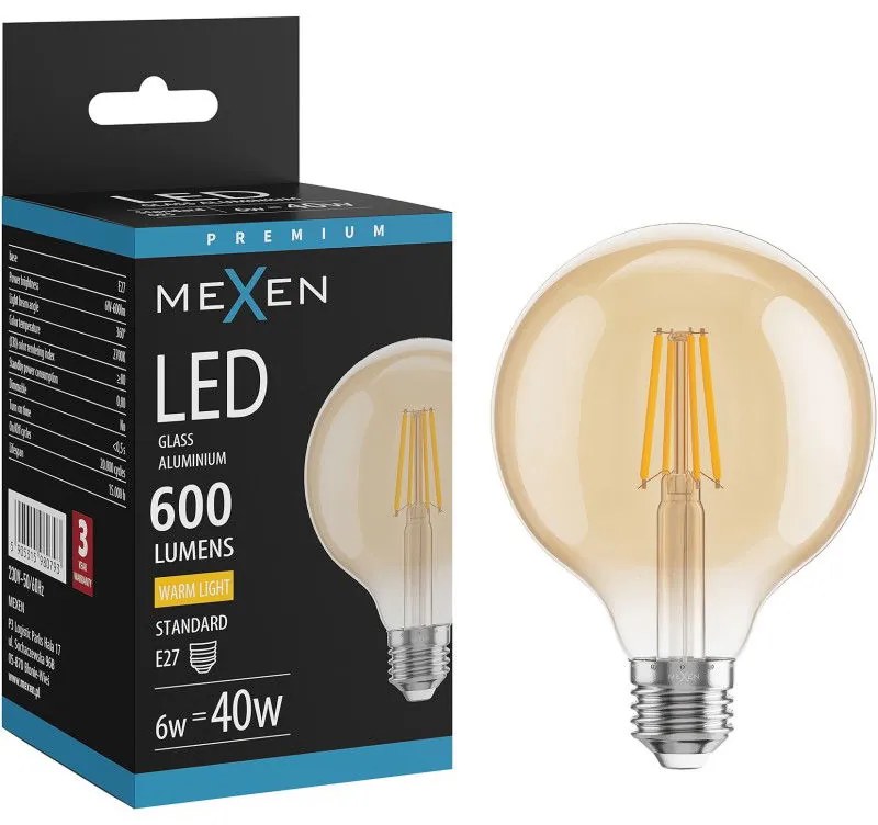 Mexen Vintis, LED žiarovka E27, G95, 6W, Teplá - 2700K, 600 lm, jantárová - L157-E27-0627-50