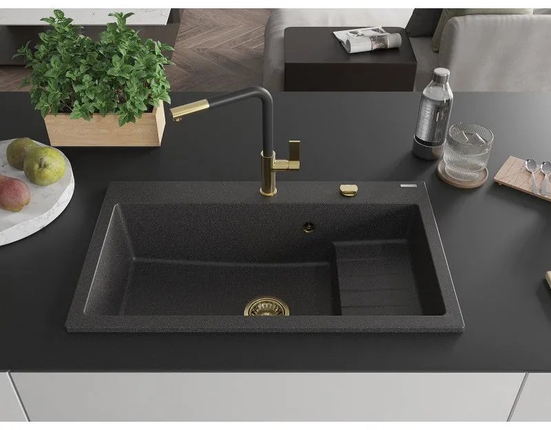 Mexen Omar, 1-komorový granitový drez 800x480x210 mm, čierna škvrnitá, zlatý sifón, 6520801005-76-G