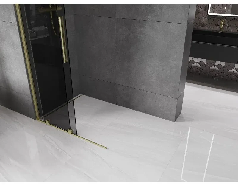 Mexen Velar, sprchová zástena s posuvnými dverami Walk-in 85 x 200 cm, 8mm šedé sklo, zlatá matná, 871-085-000-43-55
