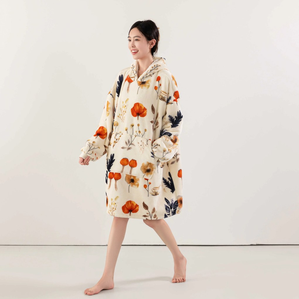 Baránková mikinová deka s rukávmi a kapucňou PAPAVA, krémová