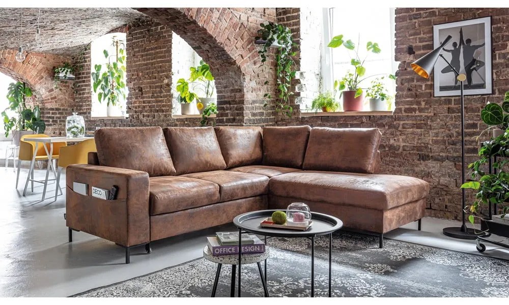 Hnedá rozkladacia rohová pohovka z imitácie kože (pravý roh) Lofty Lilly – Miuform