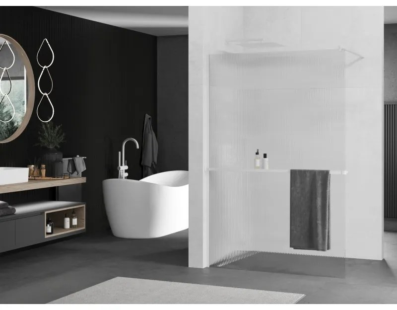 Mexen Kioto+, sprchová zástena Walk-In s poličkou a vešiakom 110 x 200 cm, 8mm sklo s rebrovým vzorom, biely profil, 800-110-121-20-09
