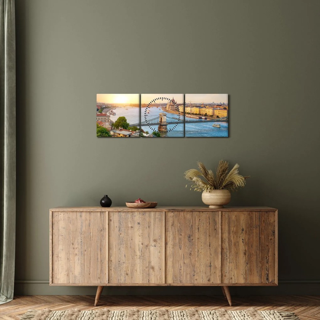 Obraz mesta Budapešť s riekou (s hodinami) (90x30 cm)