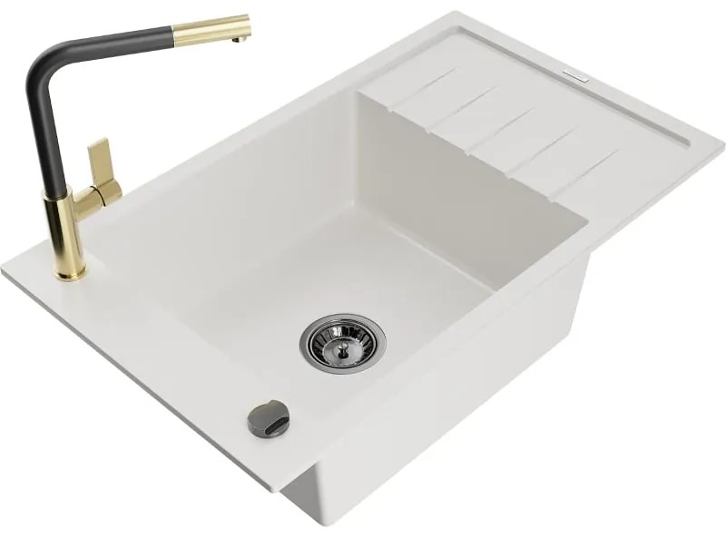 Mexen Elias, 1-komorový granitový drez 795x480x200 mm a drezová batéria Flora, biela, 6511-20-670401-57-B