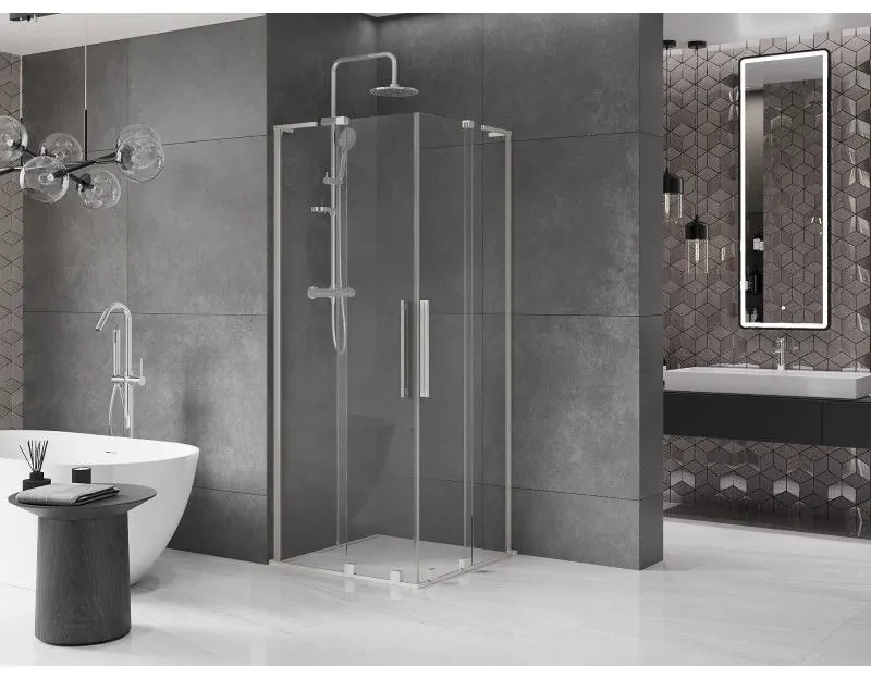 Mexen Velar L Duo, sprchový kút s posuvnými dverami 90 x 90 cm, 8mm číre sklo, brúsená oceľ, 871-090-090-02-03-97