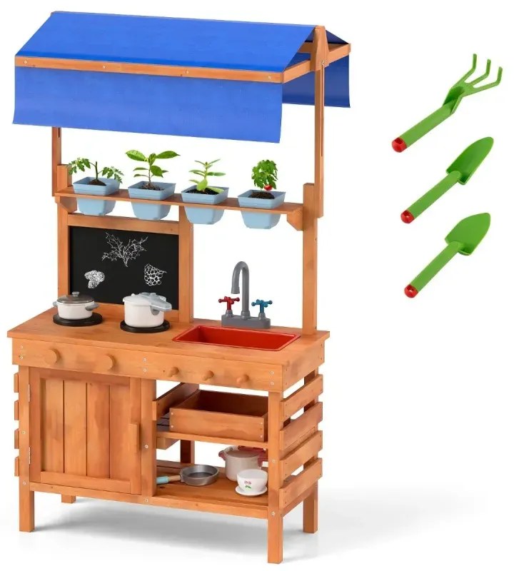 Detská blatová kuchynka Drevená detská kuchynka s výškovo nastaviteľnou strieškou 77 x 52 x 135 cm