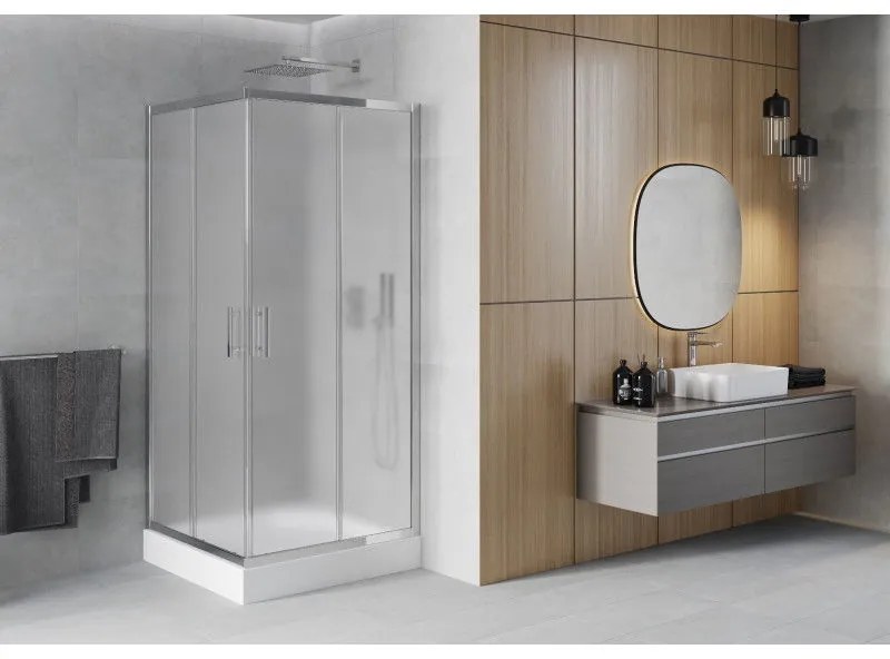 Mexen Rio, štvorcový sprchovací kút s posuvnými dverami 90(dvere) x 90(dvere) x 190 cm, 6mm sklo námraza, chrómový profil + biela sprchová vanička RIO, 860-090-090-01-30-4510