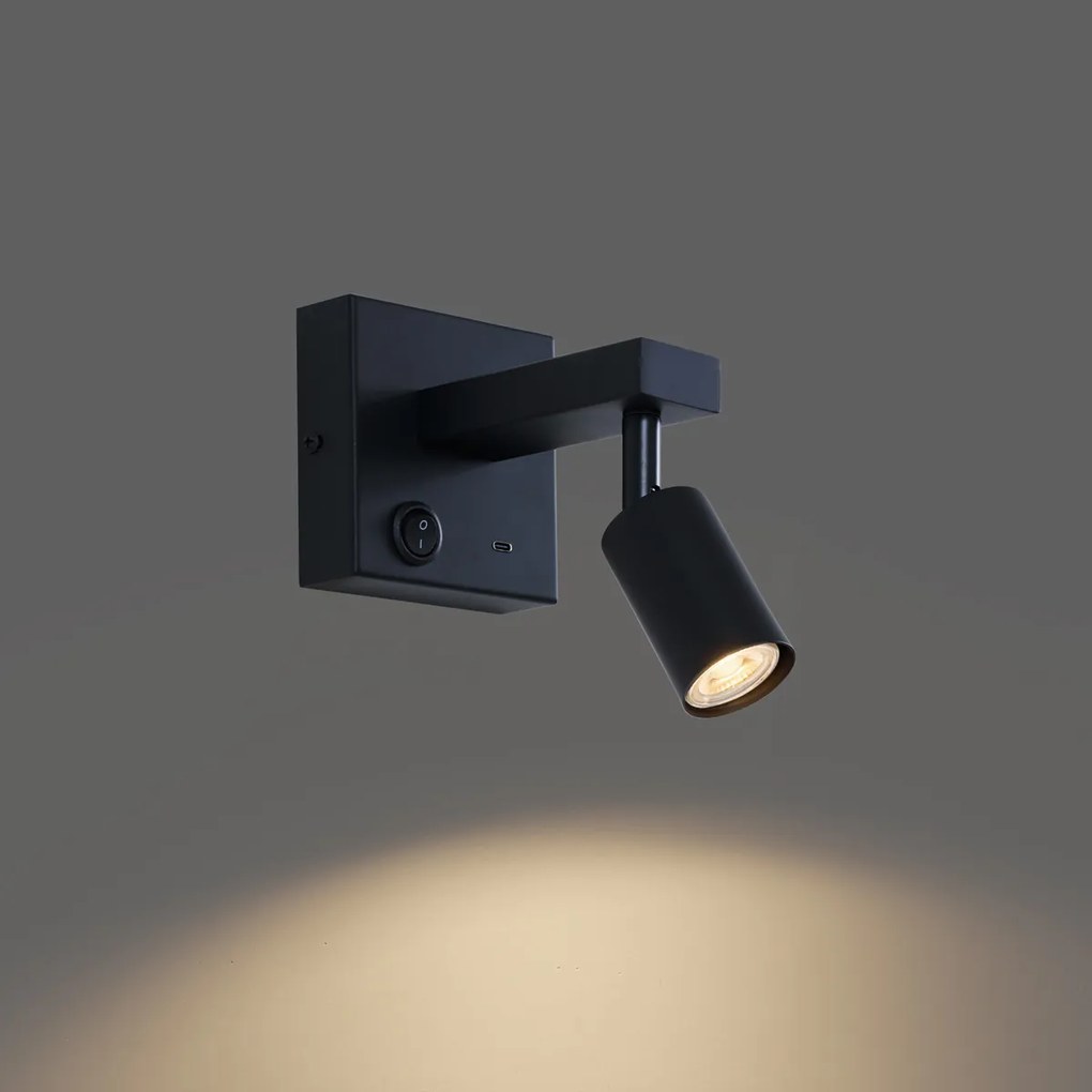 Moderné čierne nástenné svietidlo s USB-C, naklápacie - Rex