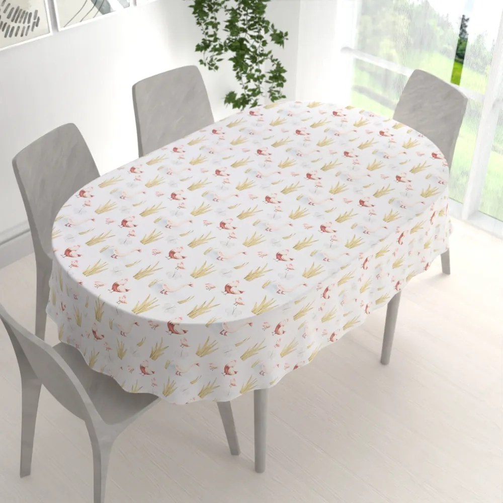 Biante Detský bavlnený oválny obrus Sandra SA-752 Sliepočky a húsky na bielom 50x100 cm