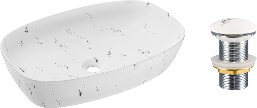 Comad Keramické umývadlo na dosku Megi 60x38 biely mramor + výpusť Click-Clack biely mramor