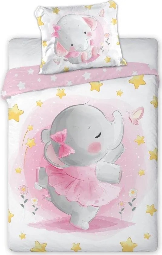 Detské bavlnené obliečky do postieľky 135x100 cm CUDDLES - Sloník - ružové