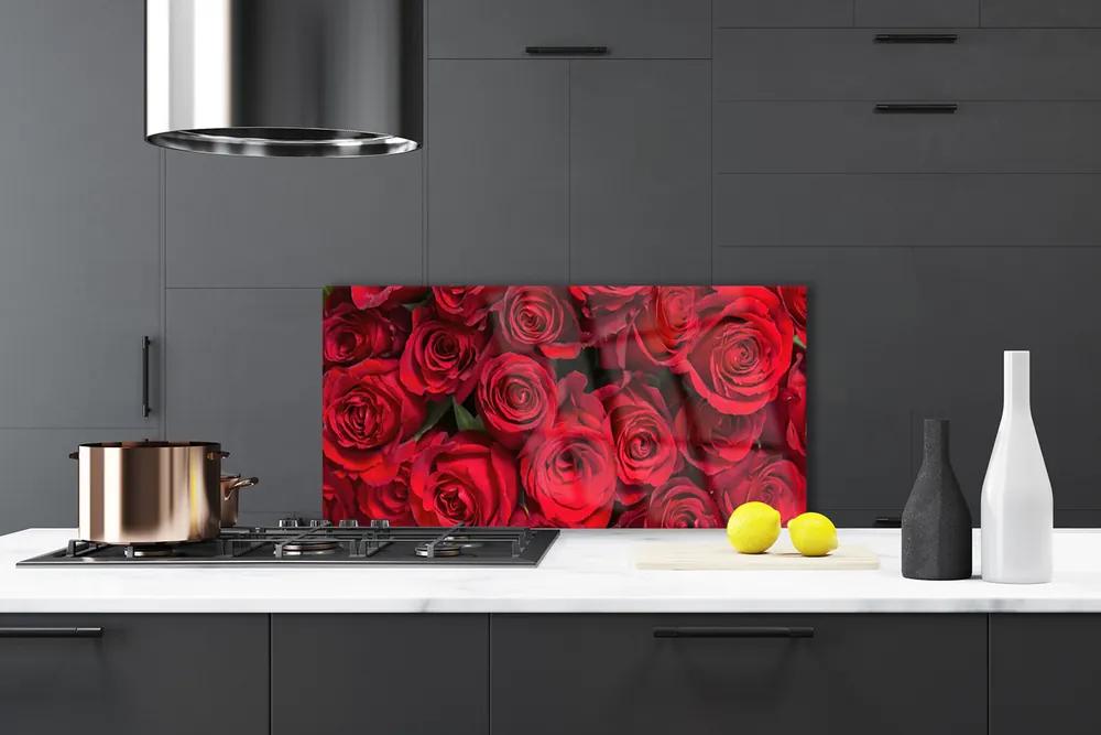 Sklenený obklad Do kuchyne Červené ruže kvety príroda 125x50 cm