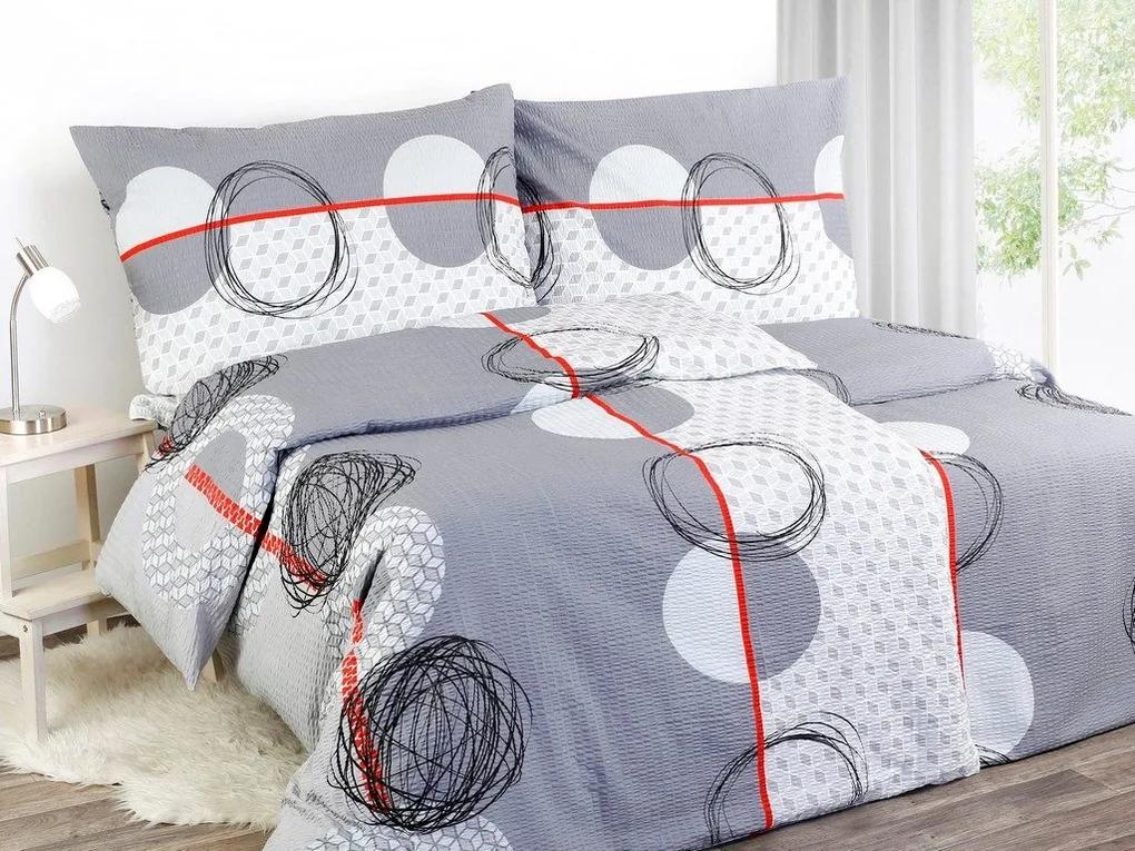 Škodák Krepové posteľné obliečky vzor KR-647 Kruhy na sivo-bielom - Jednolôžko predĺžené 140 x 220 cm