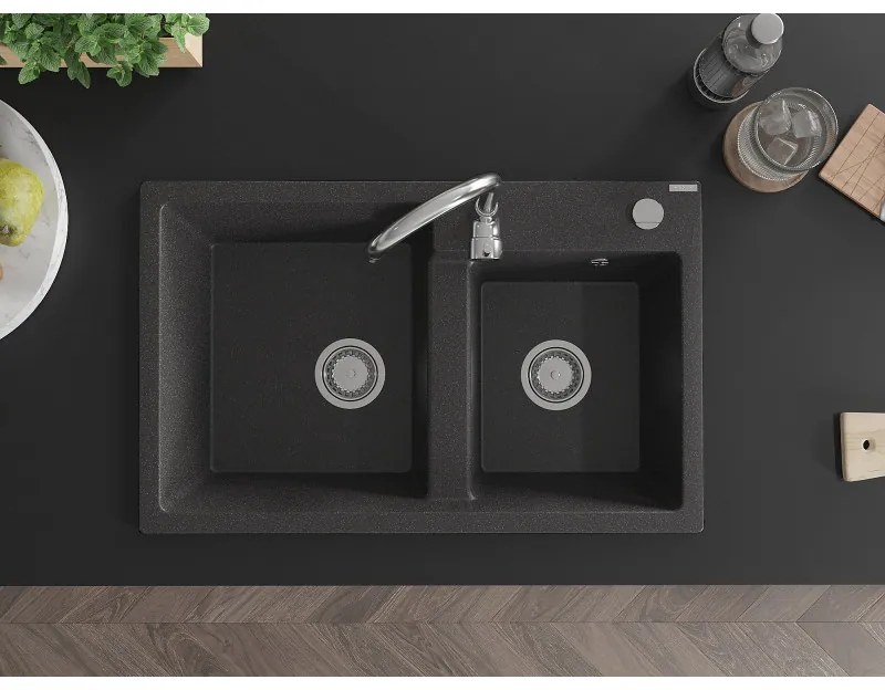 Mexen Tomas, granitový drez 800x500x190 mm, 2-komorový a chrómová batéria Telma, čierna škvrnitá, 6516-76-670200-00