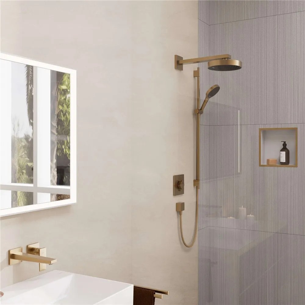 HANSGROHE Rainfinity sprchová súprava, ručná sprcha 3jet priemer 132 mm, 90 cm sprchová tyč Puro S, jazdec s tlačidlom Push a textilná sprchová hadica 160 cm, kartáčovaný bronz, 28743140