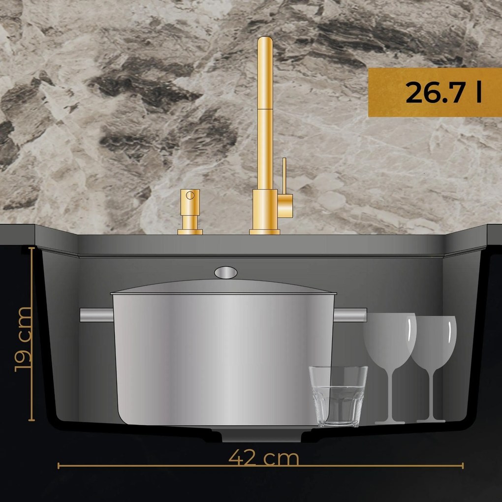 Sink Quality Crypton 55, kuchynský granitový drez 460x375x205 mm + čierny sifón, čierna škvrnitá, SKQ-CRY.B.1KBO.55.XB