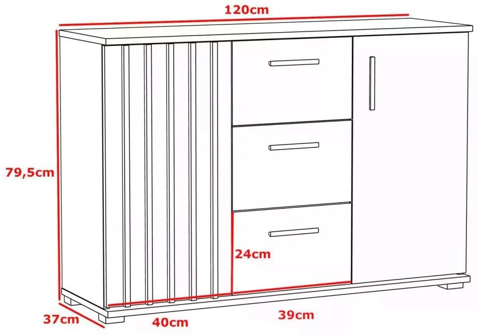 Komoda 120 cm, farba dub craft so zásuvkami a úchytkami