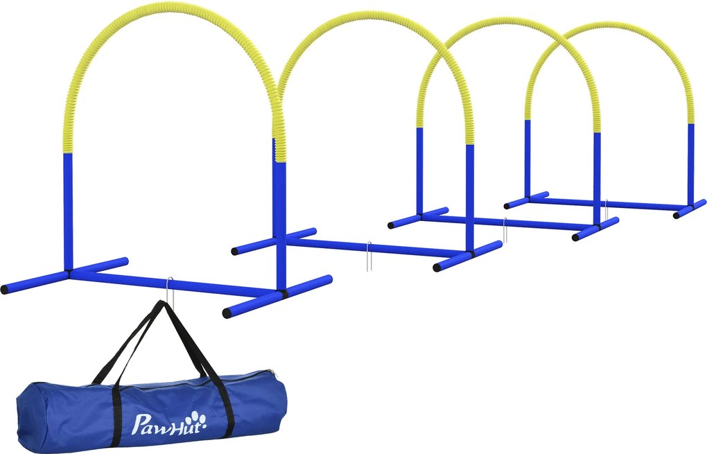 PawHut Súprava na tréning agility pre psov, 4-dielna prekážková súprava pre starších psov, Tréningová súprava so športovou taškou, Modrá + Žltá, 88 x