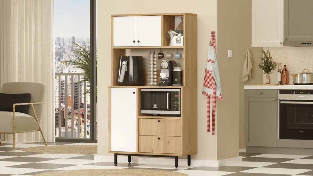 Vysoká skriňa na mikrovlnku Houseland Royce 03 dub Castello/biela