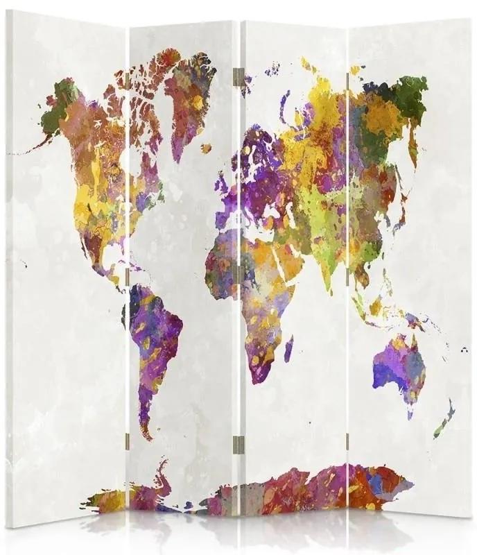 Ozdobný paraván Mapa světa - 145x170 cm, štvordielny, obojstranný paraván 360°