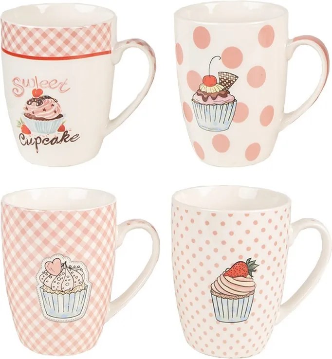 Set 4ks bielo-ružový porcelánový hrnček s tortičkami Cupcake - 8*10 cm / 0,3L