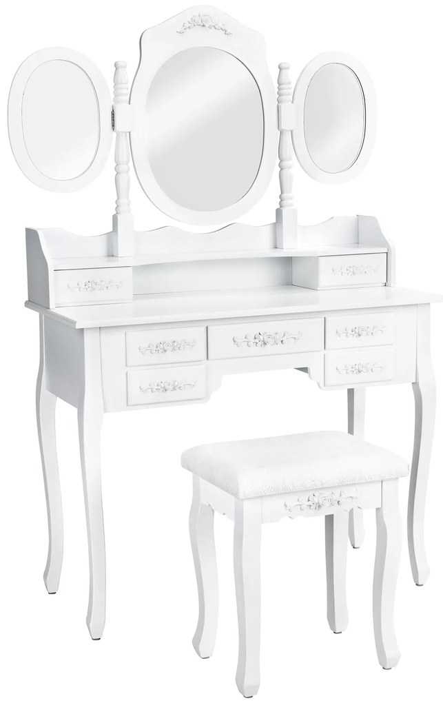 tectake 402074 kozmetický toaletný stolík barok zrkadla a stolička - biela