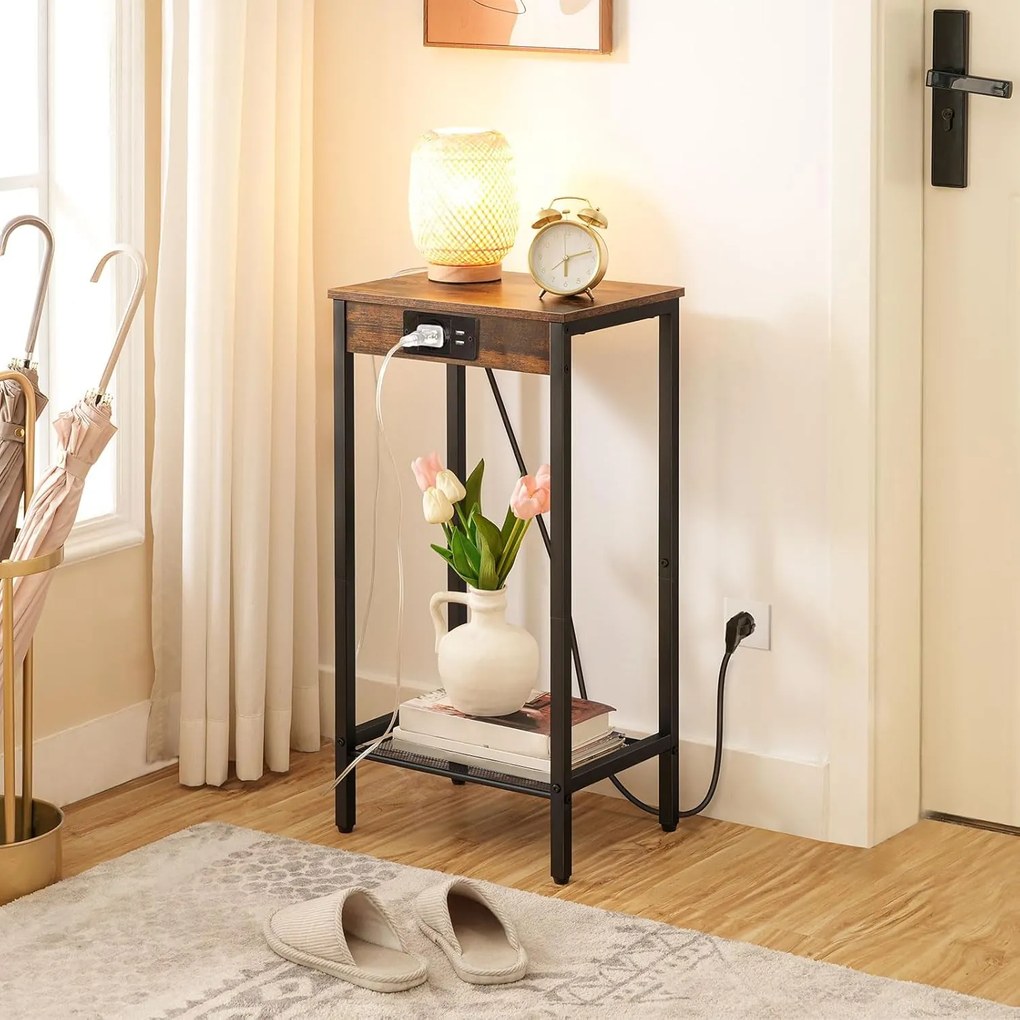 Odkladací stolík Vasagle Gravira 38 cm s nabíjacou stanicou čierny/hnedý