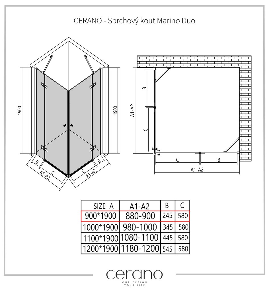 Cerano Marino Duo, sprchovací kút 90(dvere) x 90(dvere), 6mm číre sklo, chrómový profil, CER-CER-422910