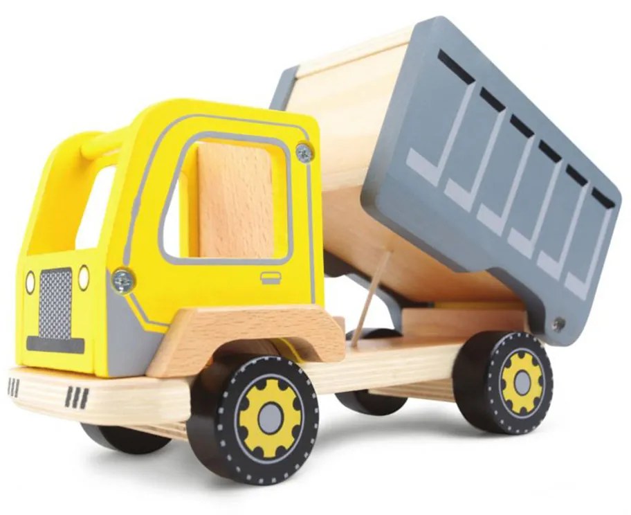 Drevené nákladné auto s vyklápacou vlečkou | žlté