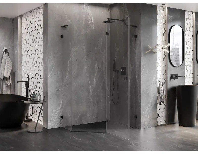 Mexen Lunar, L sklopný päťuholníkový sprchový kút pravý 100 x 80 cm, 8mm číre sklo, čierny profil, 831L-100P-080L-70-00-P
