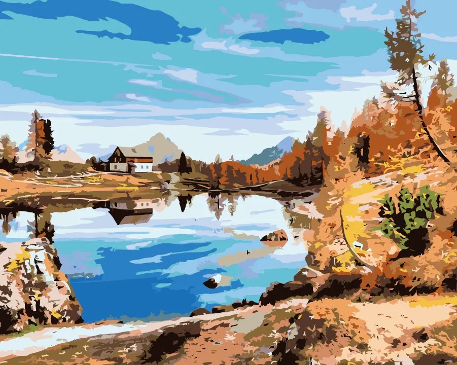 Gario Maľovanie podľa čísel Chata pri jazere Rozmery: 40 x 30 cm, Rámovanie: S vnútorným rámom
