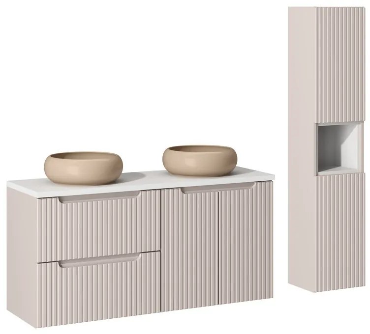 Koupelnová sestava Nova Cashmere s deskou, umyvadly a skříňkami 120 cm kašmírová/bílá