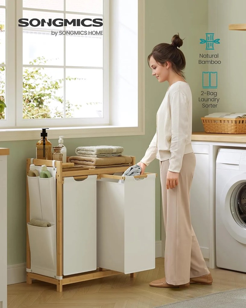 Prádlový kôš s 2 priehradkami, na bielizeň, 100 litrový, 63 x 33 x 78 cm, krémovo biely