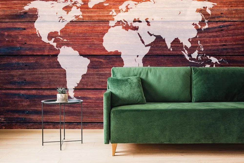 Samolepiaca tapeta mapa sveta s dreveným pozadím - 300x200