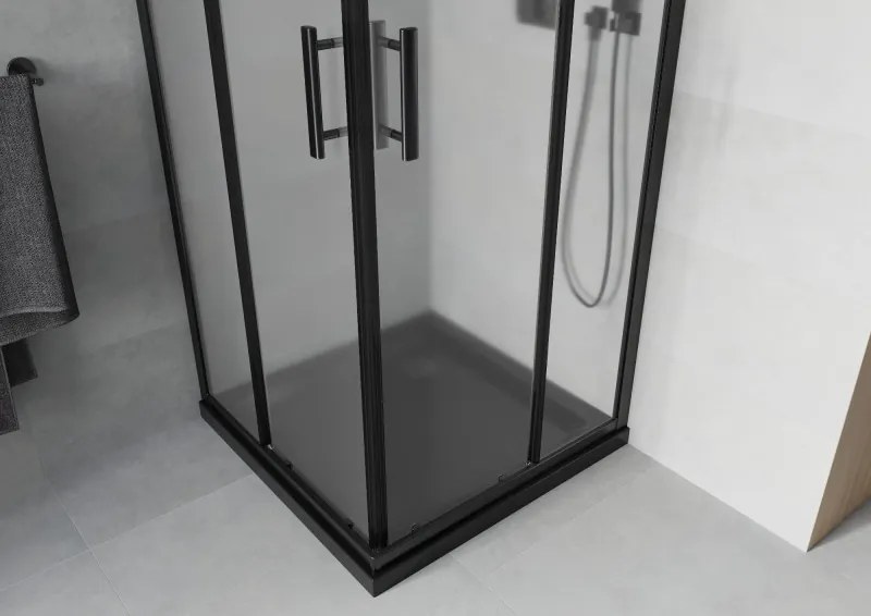 Mexen Rio, štvorcový sprchovací kút s posuvnými dverami 80(dvere) x 80(dvere) x 190 cm, 6mm sklo námraza, čierny profil + čierna sprchová vanička SLIM, 860-080-080-70-30-4070B