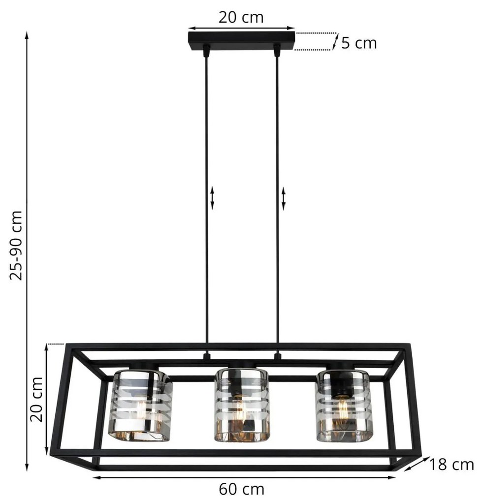 Závesné svietidlo HELIX CAGE, 3x sklenené tienidlo so vzorom v kovovom ráme
