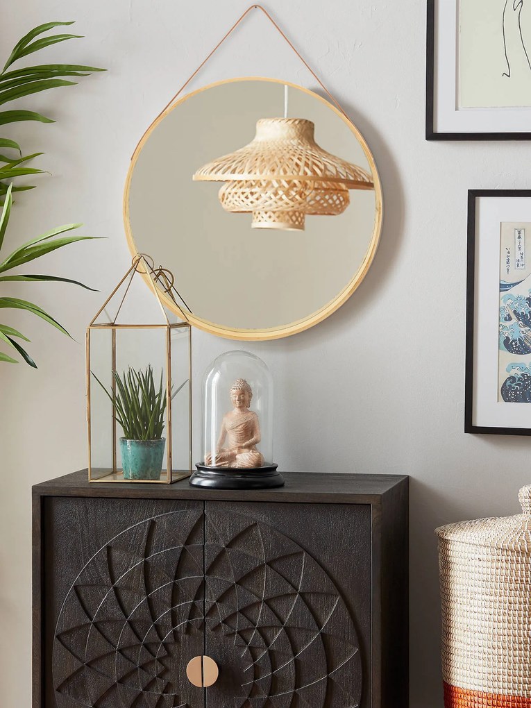 Dekorstudio Drevené okrúhle Retro zrkadlo na koženom páse Rozmer zrkadla: priemer 59cm