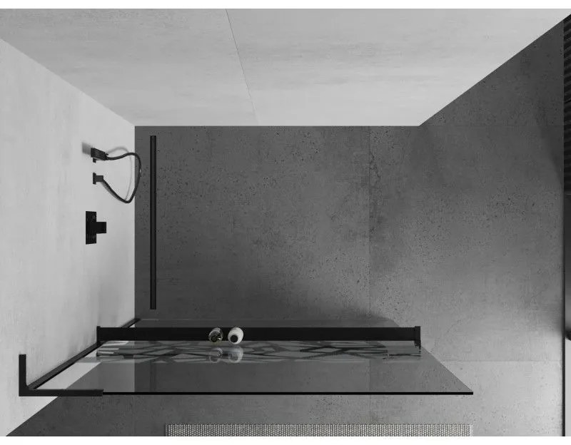 Mexen Kioto+ L, sprchová zástena Walk-In s poličkou a vešiakom 90 x 200 cm, 8mm číre sklo biely vzor, čierny profil, 800-090-123-70-85