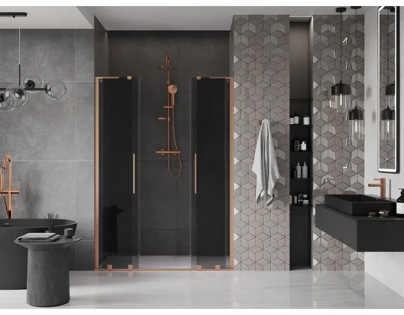 Mexen Velar L Duo, posuvné sprchové dvere do otvoru 140 cm, 8mm šedé sklo, medená matná, 871-140-003-42-65