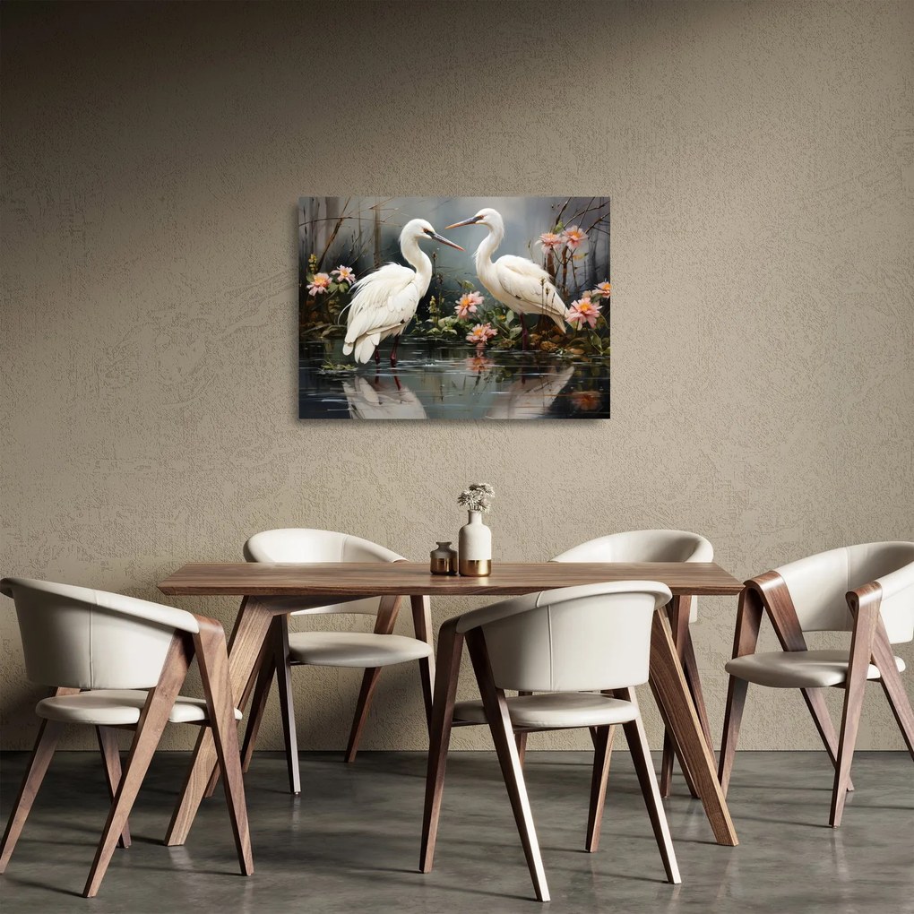 Sklenený obraz - Žeriavy biely (70x50 cm)