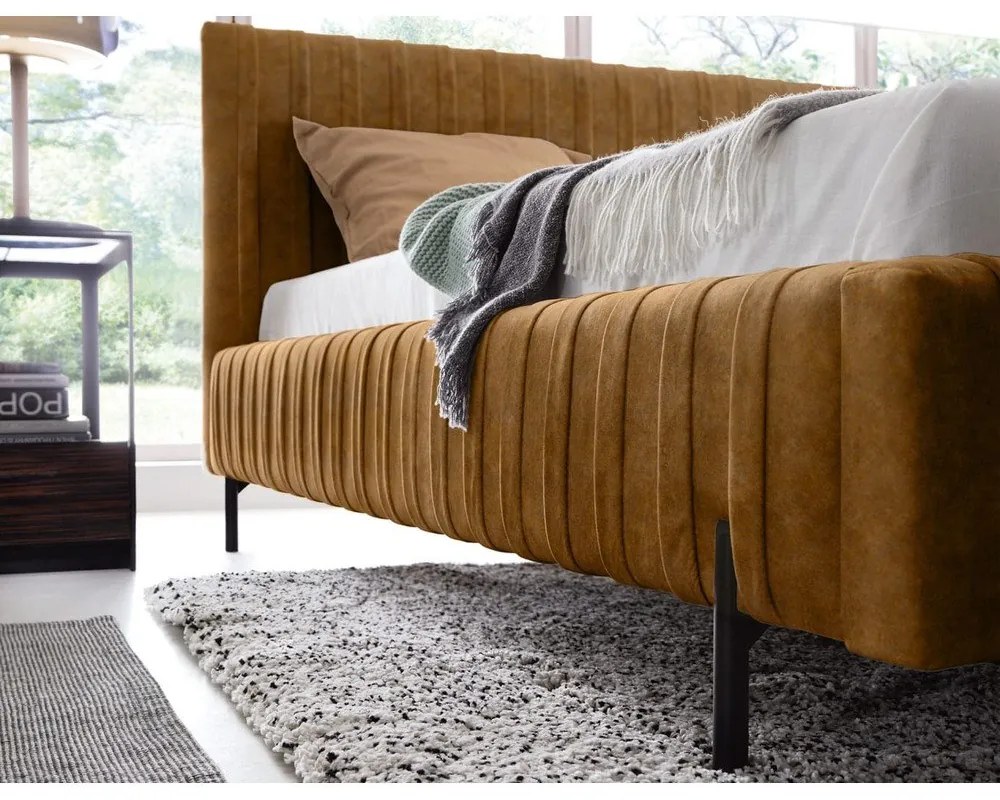Okrovožltá čalúnená dvojlôžková posteľ s úložným priestorom s roštom 160x200 cm Plissa – ELTAP