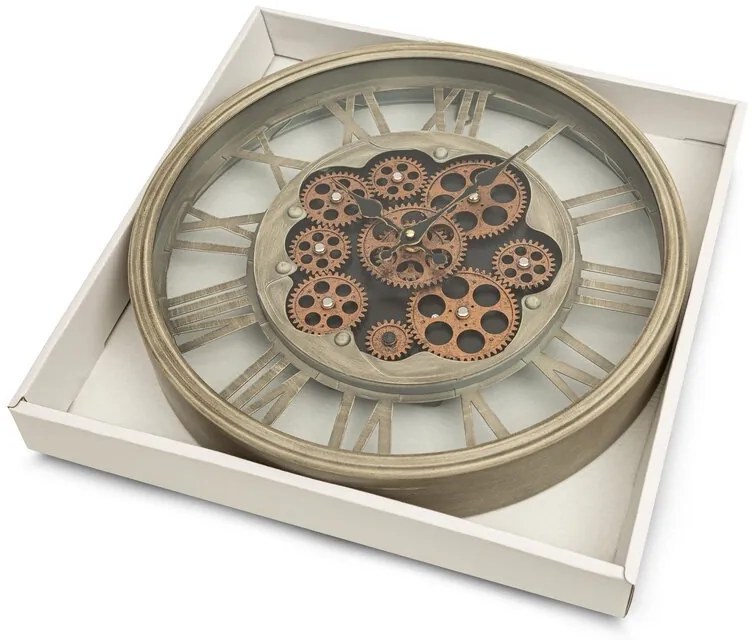 Dekorstudio Vintage nástenné hodiny s rímskymi číslicami a pohyblivými ozubenými kolesami