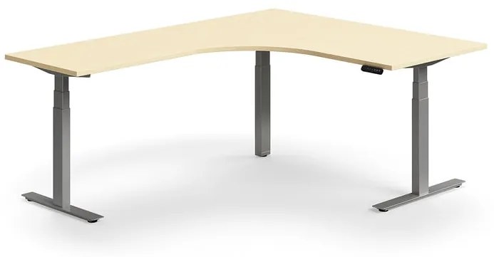 Výškovo nastaviteľný stôl QBUS, rohový, 1600x2000 mm, strieborný rám, breza