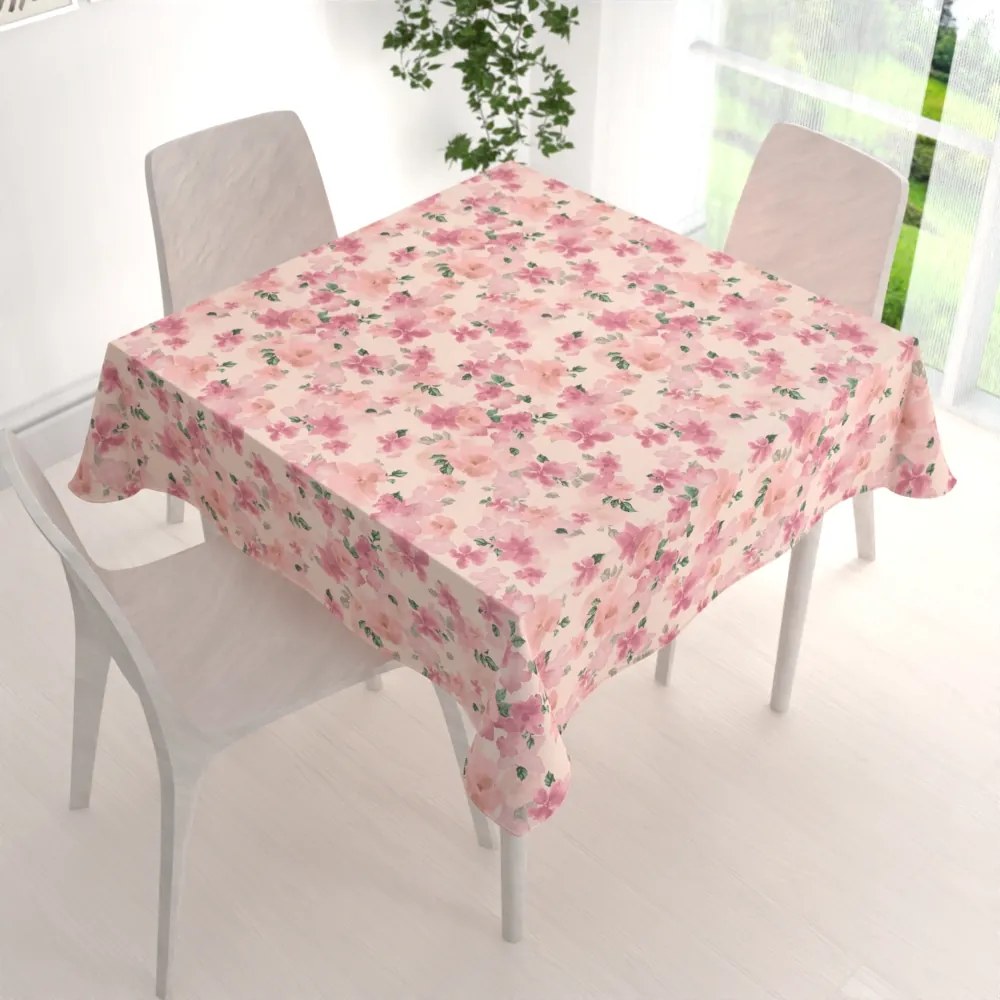 Biante Zamatový štvorcový obrus Tamara TMR-039 Ružovo-fialové akvarelové kvety na svetlo lososovom 100x100 cm