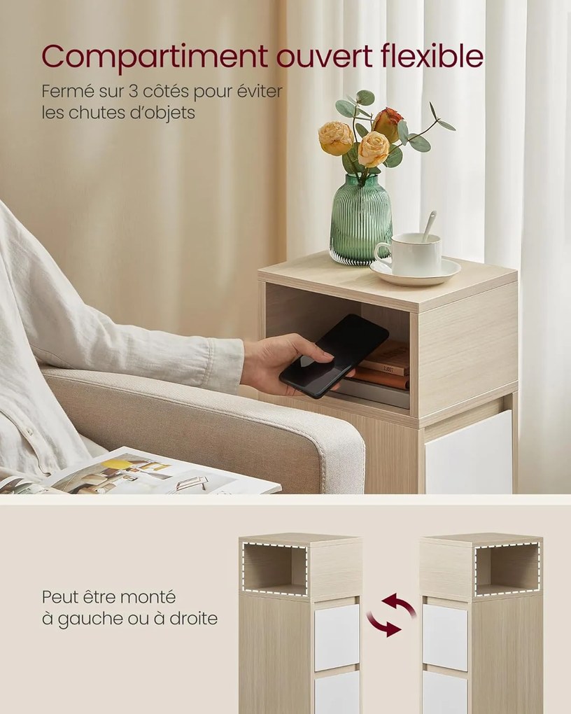 Úzky nočný stolík, 2 zásuvky, otvorený priestor, 30 x 25 x 65 cm, prírodná a biela farba