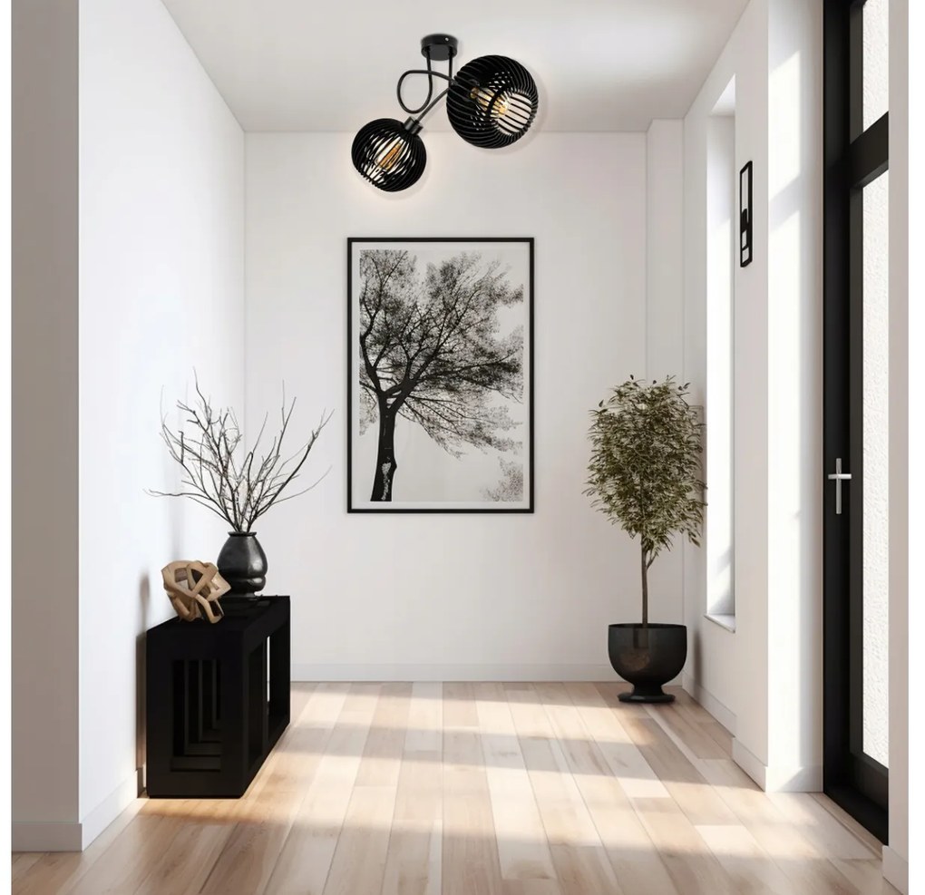 BERGE LED stropné svietidlo 2XE27, drevené, čierne