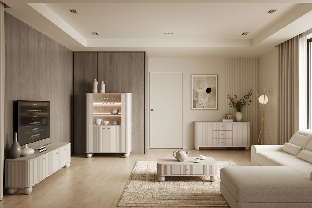 Vitrína Vesper 103 cm štvordverová - kašmír / zlaté úchytky / guľaté nohy