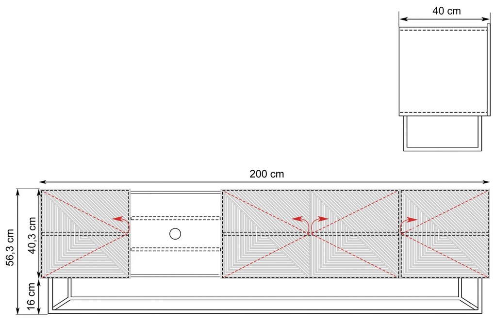 TV stolík Asha 200 cm na čiernom podstavci s 3 otvorenými policami - artisan / čierny mat