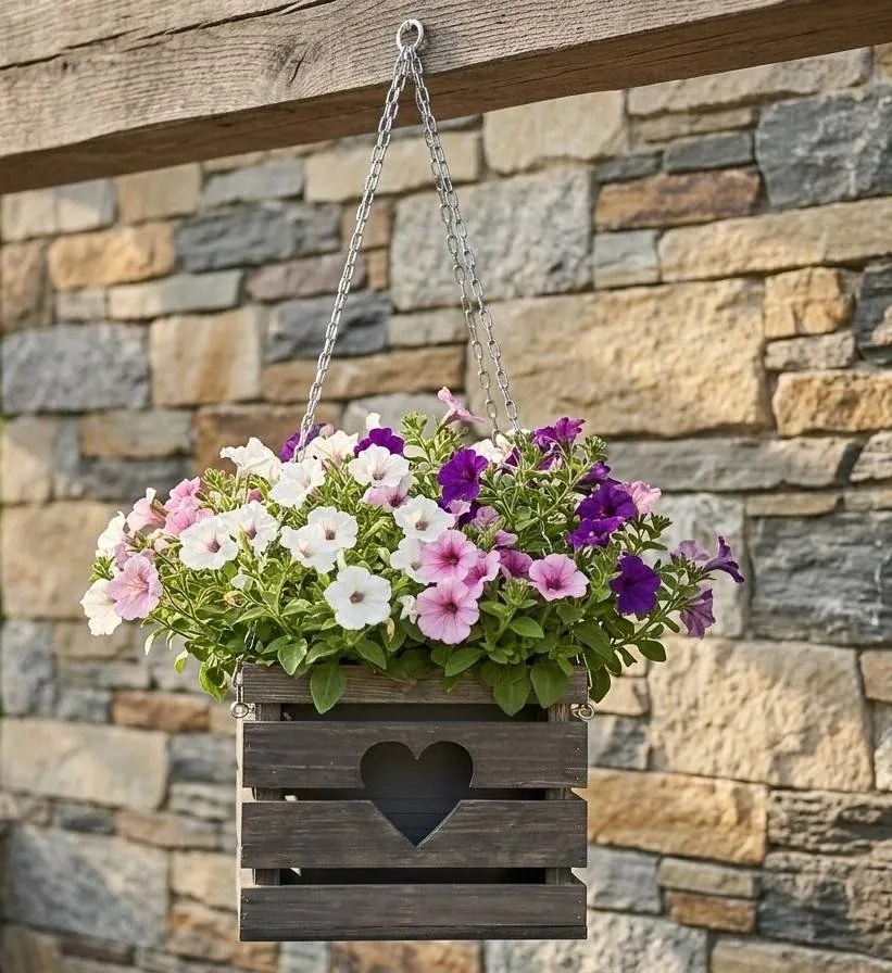 AMADEA Drevený závesný obal na kvetináč so srdcom tmavý, 27x27x21 cm, český výrobok