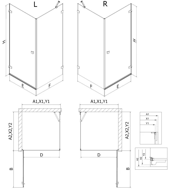 Mexen Lunar-B, pravostranný výklopný sprchový kút 90 x 80 cm, 8mm číre sklo, profil ružové zlato, 832-090-080-60-00-P